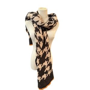Ann Taylor Factory Brown Beige Houndstooth Knit Scarf Wrap NEW 20"x 84"